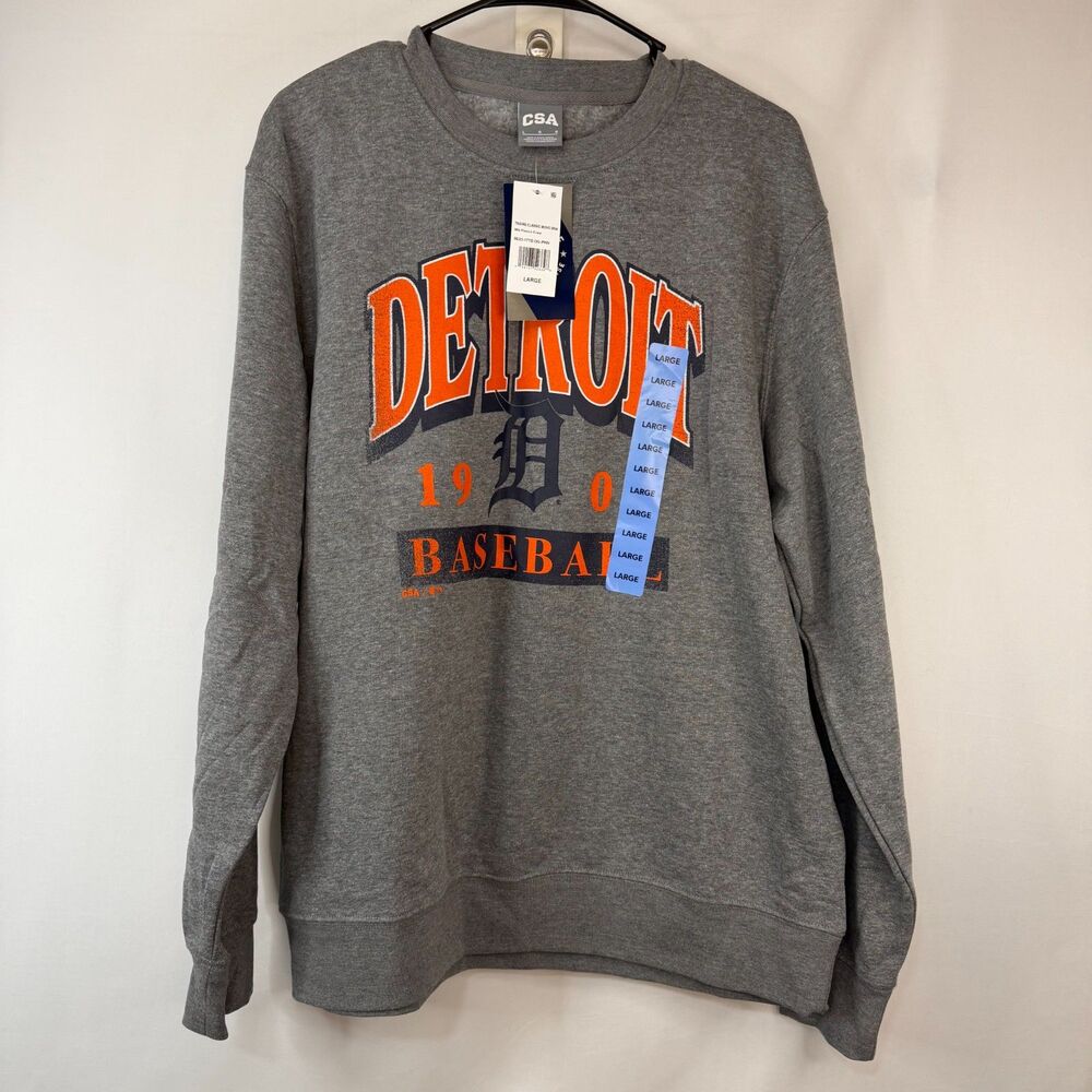 Size L CSA Detroit Tigers MLB Classic Arch Fleece Crew Sweatshirt NWT Gray